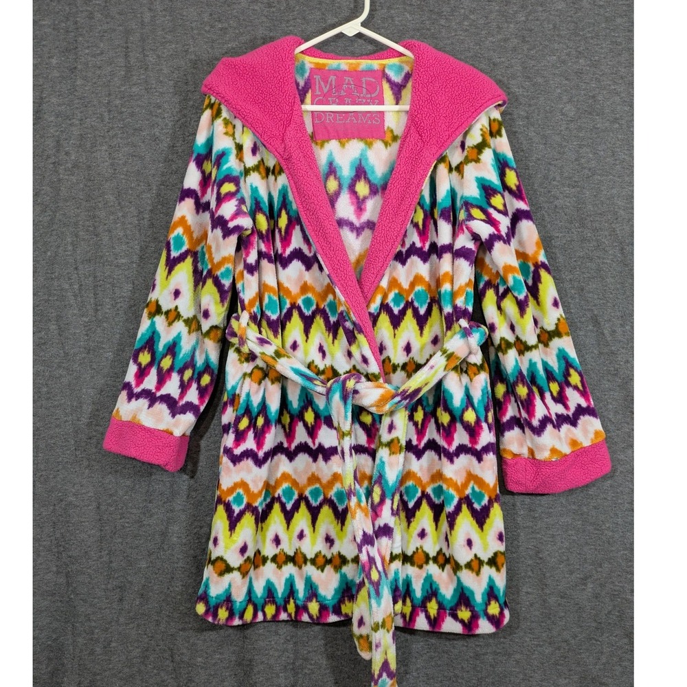 Steve Madden Mad Crazy Dreams Hooded Plush Robe Ikat Chevron Multi-Color XS/S